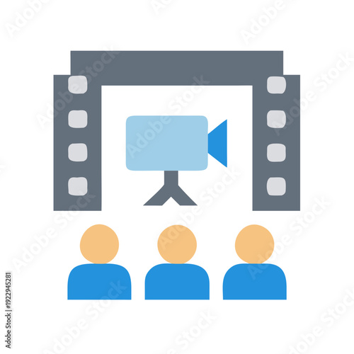 Flat design icon of film production with camera and audience viewing movie