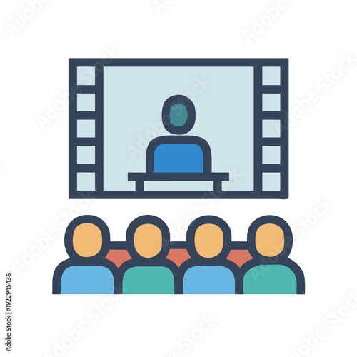 Conference or Presentation Icon: Speaker addressing audience in flat graphic style
