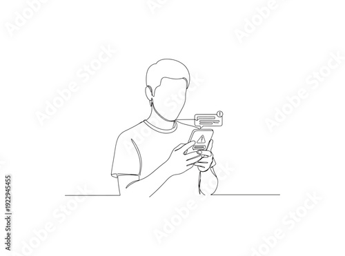 Young man using smartphone with notifications on isolated on transparent background