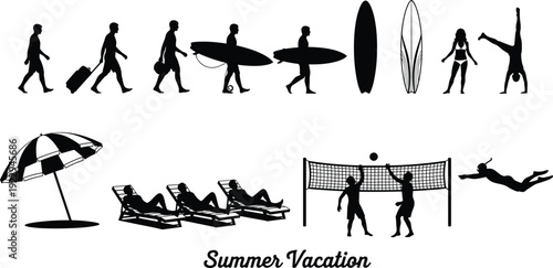 Summer vacation silhouettes illustration vector beach holiday leisure activities travel sports graphics, tropical design concept, black and white creative art collection