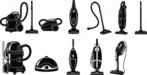 Vacuum cleaners illustration vector household cleaning appliances canister upright handheld robotic graphics, home equipment design concept, black and white creative art collection