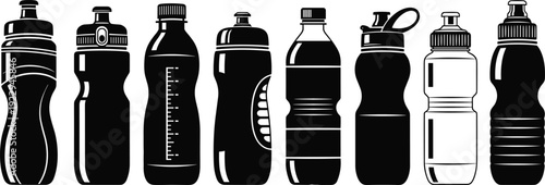 Water bottles illustration vector hydration sports fitness drink containers graphics, reusable design concept, black and white creative art collection