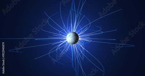 The luminous planet rotates in outer space, and the magnetic field lines diverge from it in dynamic streams, creating the effect of powerful energy radiation that fills the stage with movement.