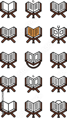 Collection of open book icons in various styles on lecterns