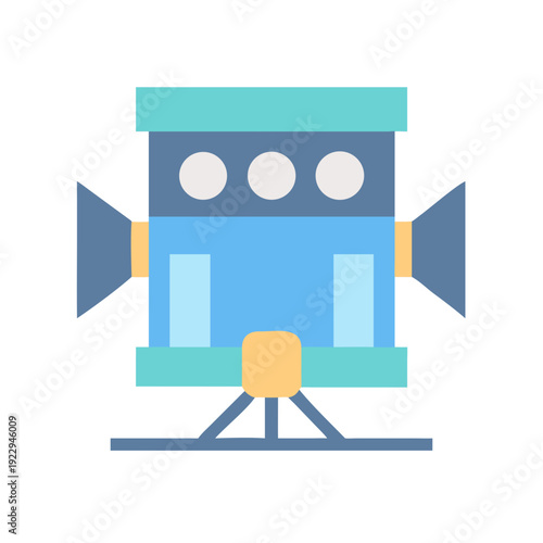 Flat illustration of a retro movie camera in blue and turquoise colors