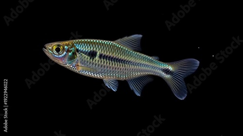 Detailed studio shot of a vibrant iridescent minnow swimming gracefully against a stark black background showcasing its unique scale patterns and delicate aquatic beauty for nature documentaries