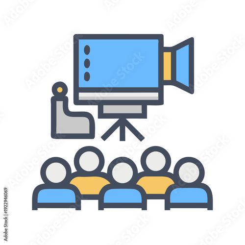 Movie screening with classic film camera and audience watching the screen