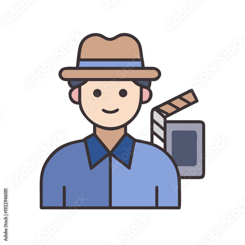 Cartoon style director with clapperboard, movie industry illustration on black background