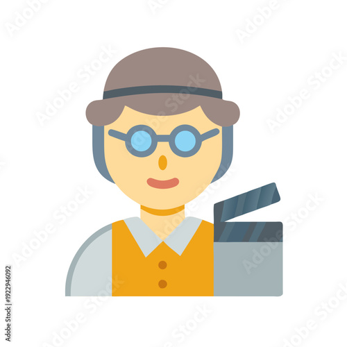 Film director cartoon character holding a clapperboard against black background