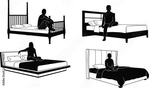 Bed silhouettes illustration vector furniture lifestyle designs people sitting poses graphics, home interior concept, black and white creative art collection