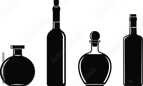 Bottle silhouettes illustration vector packaging liquor wine perfume decanter graphics, product design concept, black and white creative art collection