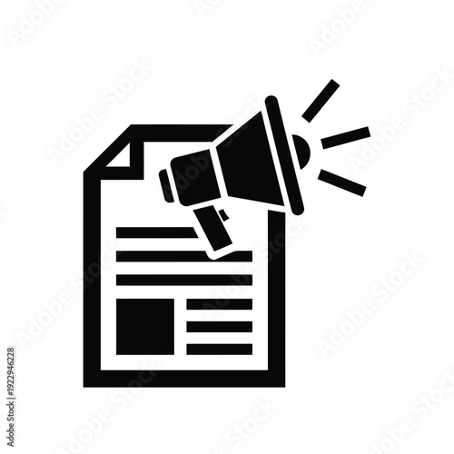 Vector illustration icon black icon of a document with a megaphone announcing news or notification