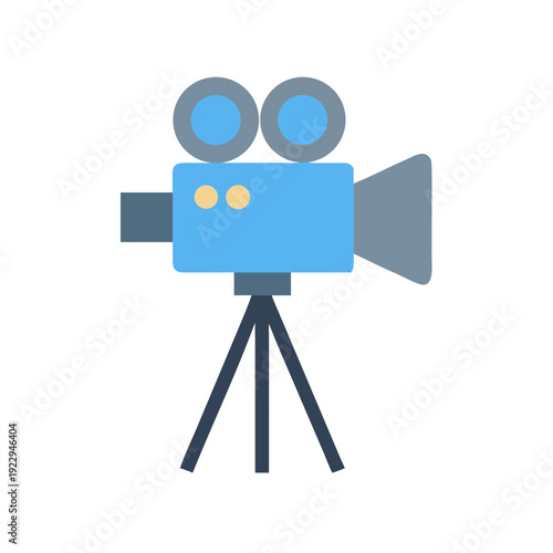 Retro-style flat graphic design illustration of a vintage film camera on tripod
