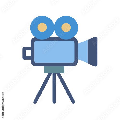 Retro movie camera illustration on a tripod with vintage style in blue shades