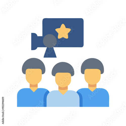 Movie audience in front of a cinema screen with a film rating