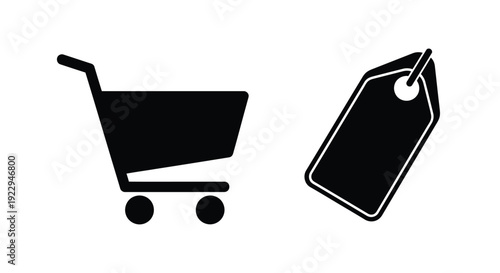 Shopping cart and price tag icon in black and white