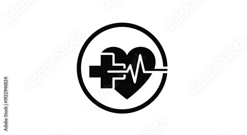 Healthcare symbol featuring a heart plus sign and electrocardiogram line