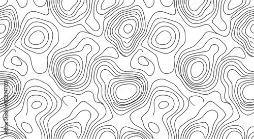 Black and white topographic contour lines on white background abstract pattern with varying line densities and shapes creating a sense of depth and texture