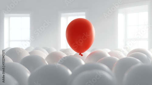Single red balloon amongst many white balloons