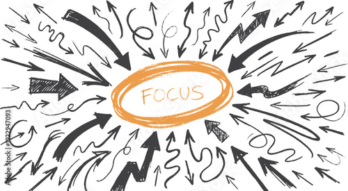 Concentrated mind with focus concept and arrows radiating outward in all directions