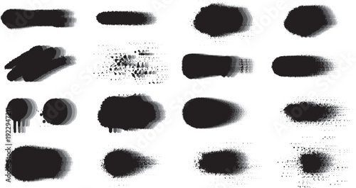 Collection of black smudge textures and brush strokes on white background for graphic design