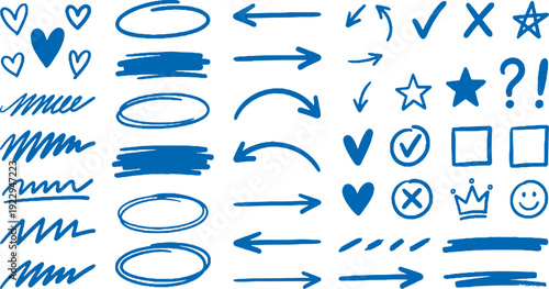 Collection of blue hand drawn icons and symbols for design and editing on white background