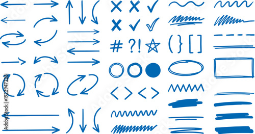 Collection of blue hand drawn arrows and symbols on white background for graphic design and editing