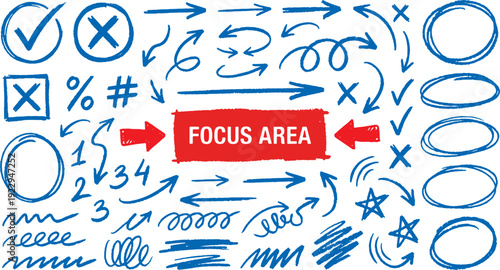 Collection of blue hand drawn arrows symbols and annotations on white background with red focus area