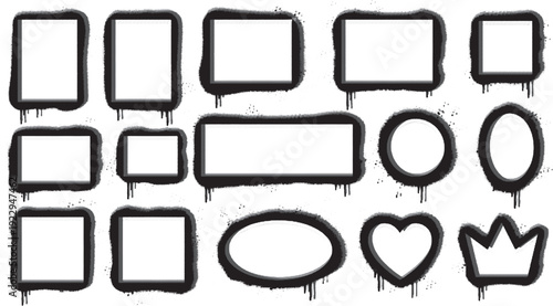 Collection of black and white hand drawn frames and shapes for design and decoration purposes on a plain white background
