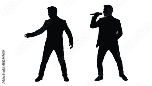 Silhouettes of two men in suits one holding a microphone performing on stage