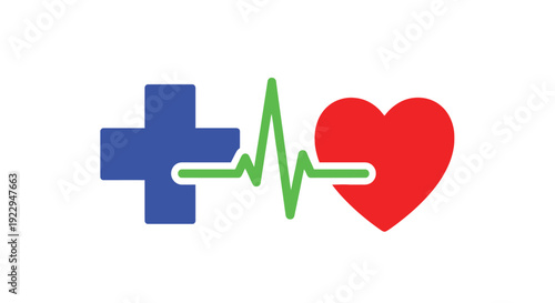 Healthcare symbols a blue cross green heartbeat line and red heart