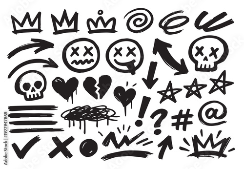Hand Drawn Street Art Doodle Set - Grunge Graffiti Elements, Skulls, Broken Hearts, Crowns, Smiley Faces and Urban Scribbles Vector