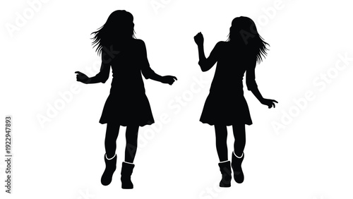 Two women are depicted in silhouette seemingly dancing or posing with outstretched arms
