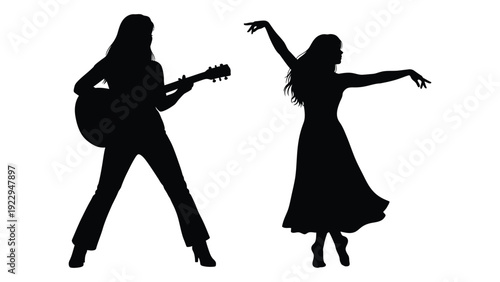 Silhouettes of a guitarist and dancer performing captured in a dynamic pose