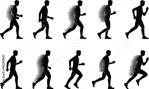 Walk to Run Progression Silhouette Icon Vector Human Movement Sequence Running Silhouette Set