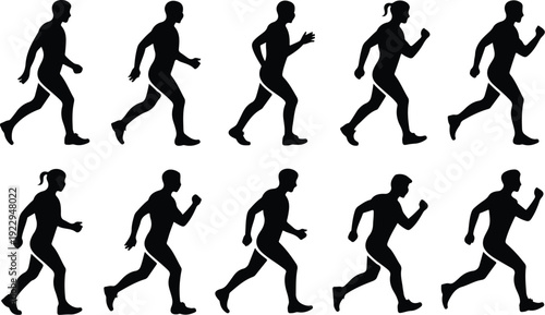 Walk to Run Progression Silhouette Icon Vector Human Movement Sequence Running Silhouette Set