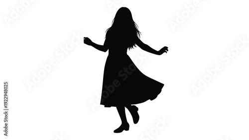 A silhouette of a woman with flowing hair and a flared skirt seemingly dancing