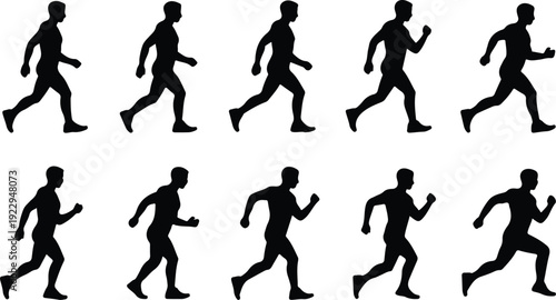 Walk to Run Progression Silhouette Icon Vector Human Movement Sequence Running Silhouette Set