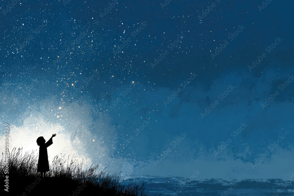Fototapeta premium The silhouette of a child reaches for the stars. Space for text.