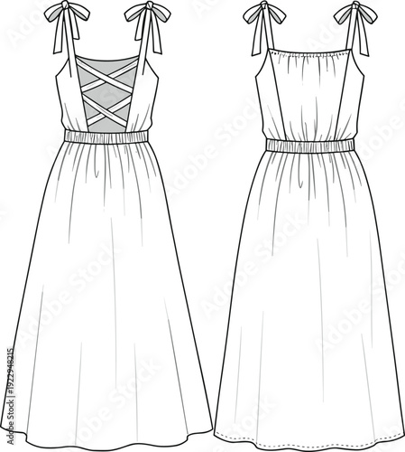 Fashion dress technical flat drawing, tied strap, crisscross back, elastic waist, front and back view, CAD fashion vector sketch