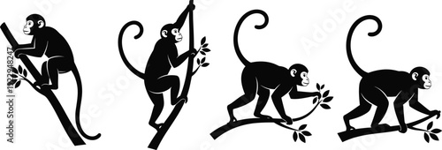 Black and white monkey silhouette vector collection featuring stylized primates climbing on tree branches and walking in various poses on white background.