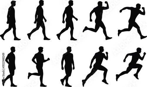 Walk to Run Progression Silhouette Icon Vector Human Movement Sequence Running Silhouette Set
