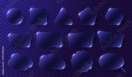 Glass Elements Form Circle Square Rectangle Speech Bubble Transparent for UI, UX Design, Mobile and Web Apps Interfaces. Trendy Transparent Glassmorphism Glass Elements with Liquid Morphism Effect.