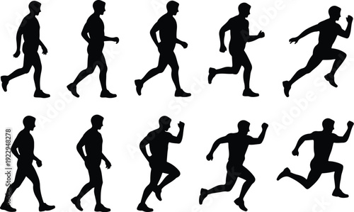 Walk to Run Progression Silhouette Icon Vector Human Movement Sequence Running Silhouette Set