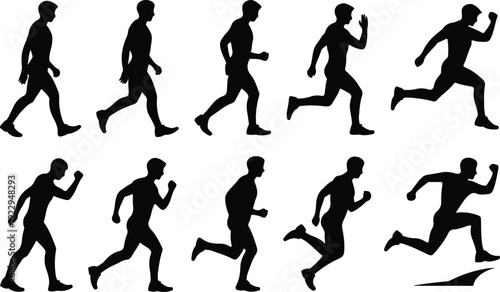 Walk to Run Progression Silhouette Icon Vector Human Movement Sequence Running Silhouette Set