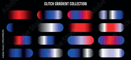 Glitch gradient shapes collection, distorted oval vector graphics, for website or app design, overlay effect, texture, background