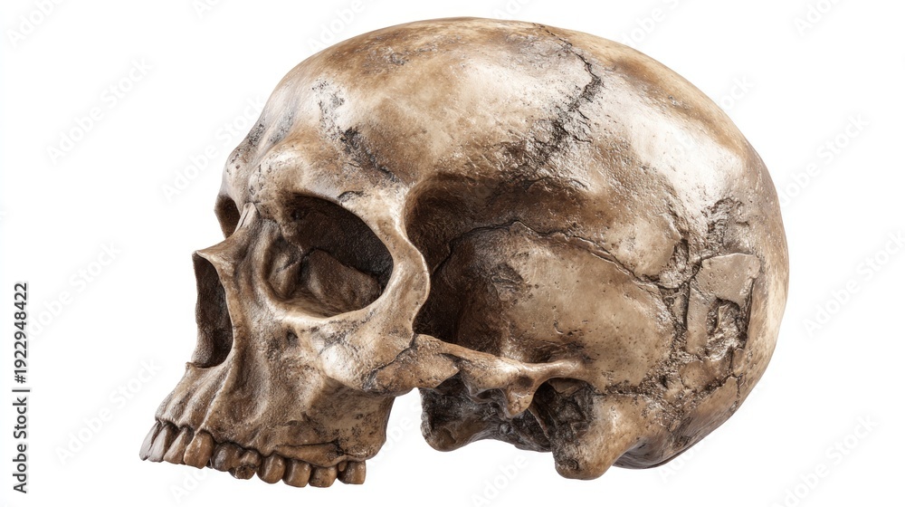 Fototapeta premium Detailed anatomical replica of a human skull, showcasing bone texture and structure in a three-quarter profile view