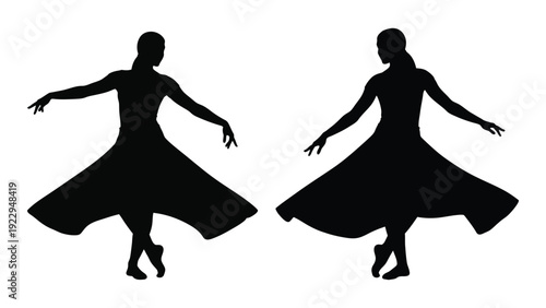 Silhouettes of two women in flowing dresses likely dancing or performing