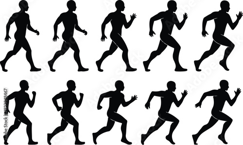 Walk to Run Progression Silhouette Icon Vector Human Movement Sequence Running Silhouette Set
