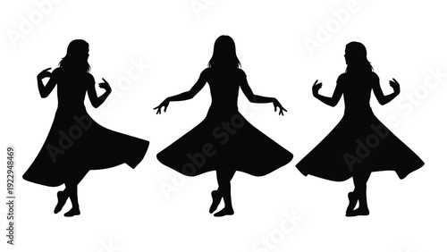 Three silhouettes of women in flowing dresses pose with arms outstretched
